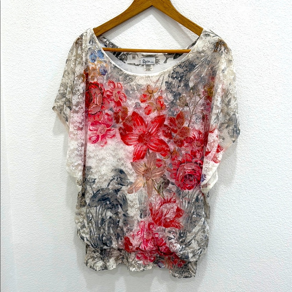 Spin USA Pink Floral Print Lace Graphic Blouse Bat wing arms and fitted waist